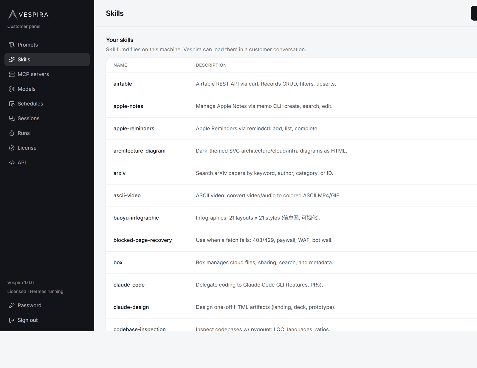 Client Vespira, skills
